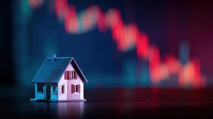 A small house model stands on the table, against a background of a stock chart going down
