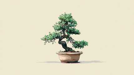 A meticulously detailed digital painting of a bonsai tree in a shallow, earthenware pot, set against a muted beige backdrop, showcasing its intricate branches and verdant foliage