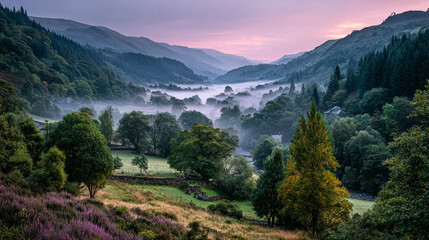 Fototapeta premium Misty valley view. Fog drifts through mountains, trees. Atmospheric landscape for travel, nature, background use.