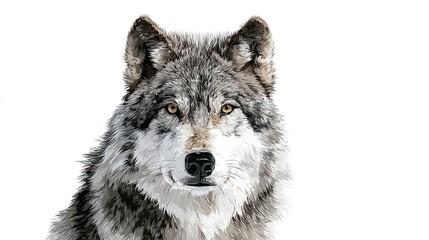 Obraz premium Illustration of a close-up wolf portrait on a clean white background, showcasing intricate details