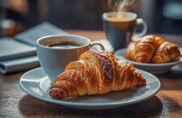 Close-up Coffee and Croissant with Soft Tulip Background