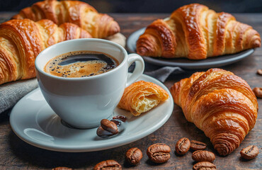 Coffee Beans and Croissant Breakfast with Foamy Cup