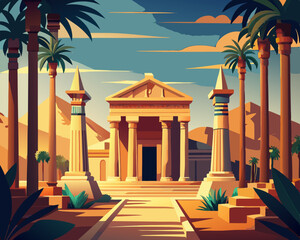 Obraz premium colorful illustration of a grand Egyptian palace with tall columns and ancient tomb
