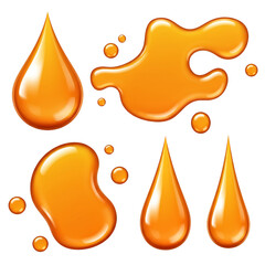 Isolated Illustration of Golden Caramel Honey Liquid Drops on Transparent