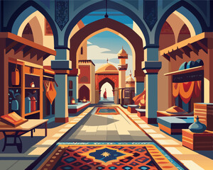 colorful illustration of a historical persian bazaar with archways building architecture