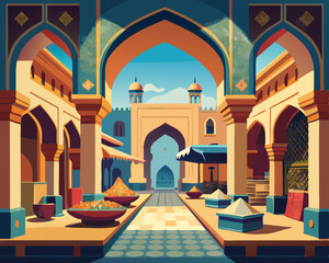 colorful illustration of a historical persian bazaar with archways building architecture