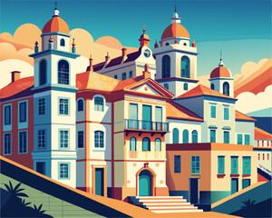 colorful illustration of a historic Portuguese building with colorful azulejos