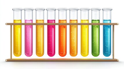 Bright liquid-filled glass tubes in a rack display a rainbow of colors against a clean background
