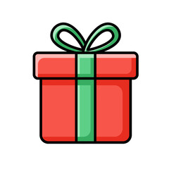 Red and White Gift Box Icon Green Ribbon Bold Black Outline Simple Design