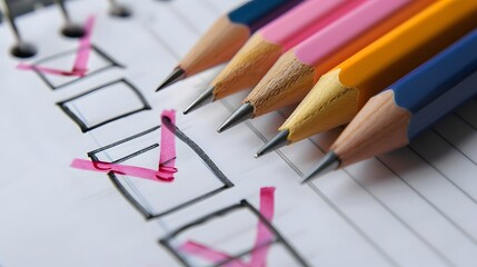 Close-up of a checklist with pink checkmarks next to colorful pencils, indicating tasks completed or choices selected.