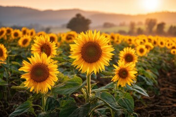 Obraz premium Vibrant sunflower field at sunset with scenic landscape background