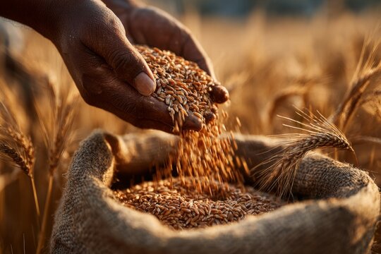African male hands sifting wheat grains in sack on sunlit farm field