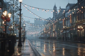 Obraz premium A rainy, dimly lit city street at dusk, adorned with warm holiday lights