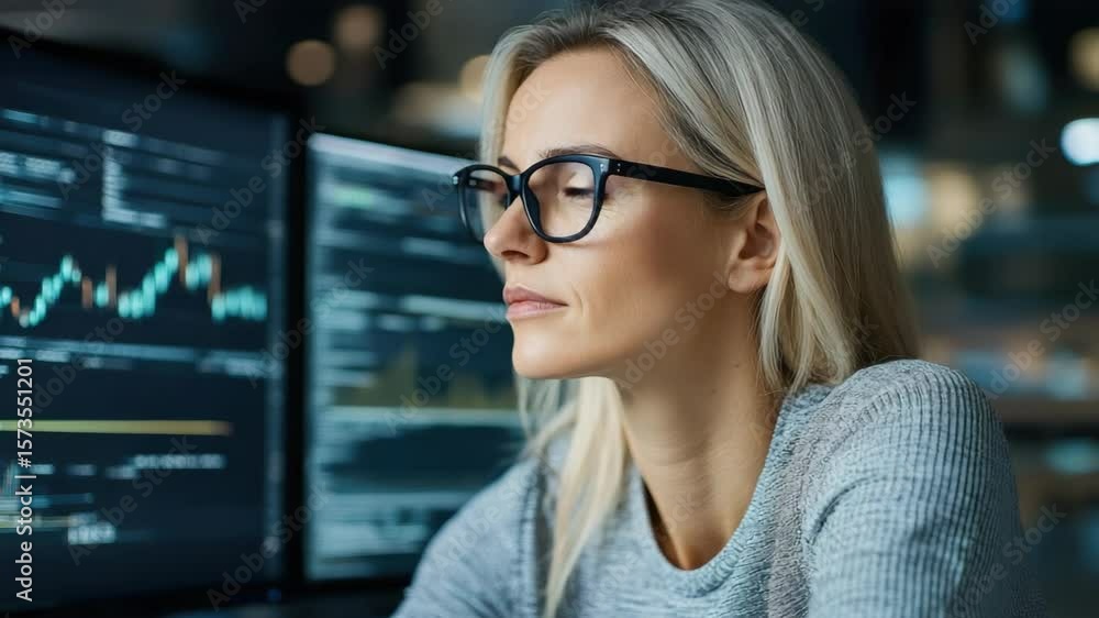 Poster professional woman analyzing data with technology in modern office using computer and glasses