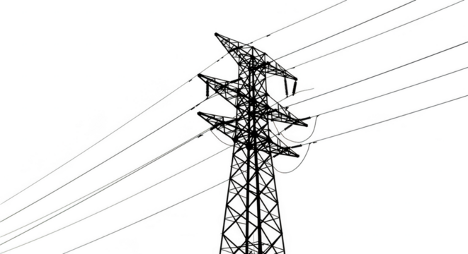 Isolated Illustration Of High Voltage Power Lines And Tower On Black