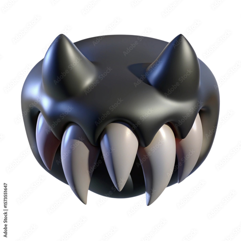 Poster 3d render of a stylized cartoon character with horns and sharp teeth on black background