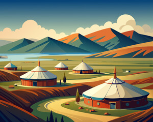 colorful illustration of a mongolian yurt settlement in a vast open grassland