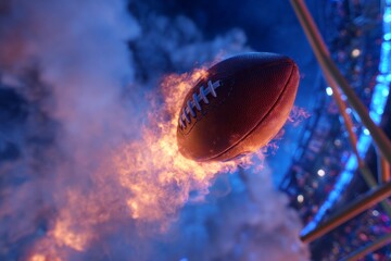 Fototapeta premium Flaming american football spiraling through goalposts in stadium
