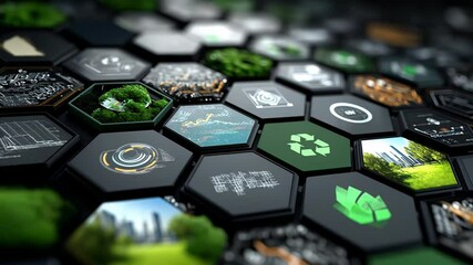 Eco-Friendly Hexagonal Tiles with Nature and Technology Icons - Powered by Adobe