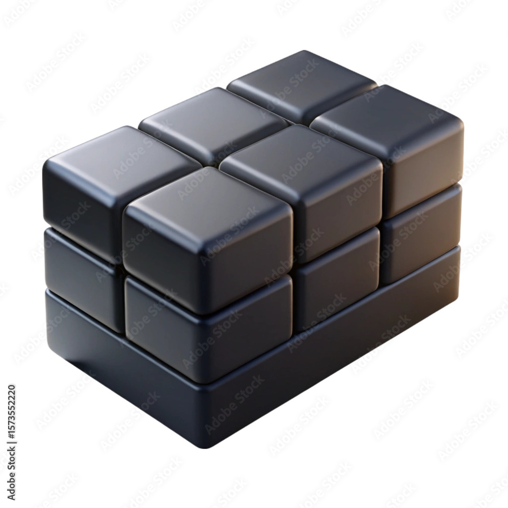 Poster 3d rendered geometric structure composed of black cubes with soft shadows and reflections