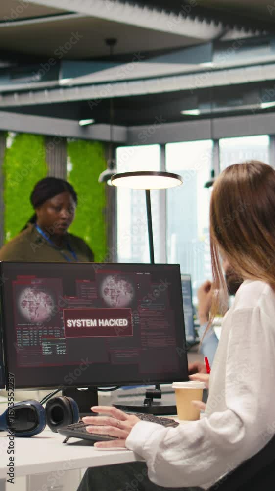 Poster vertical video young programmer in office requests help from it experts detecting and blocking hacke
