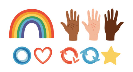 Obraz premium Illustration featuring a rainbow three hands of different skin tones and various shapes below them
