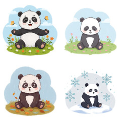 Cute panda illustrations in four seasonal settings with nature elements  