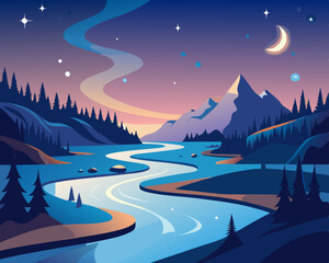 Naklejka premium colorful vector illustration of a winding river flow with cliff under the starlight night