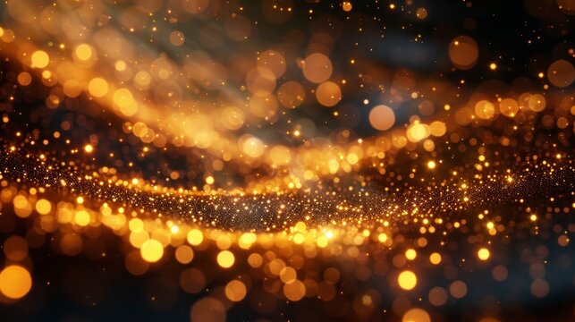 Abstract swirling light. Golden bokeh dots cascade, casting warm glow and soft blur against dark background