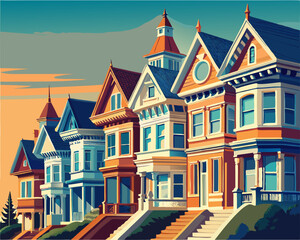 colorful vector illustration of a row of victorian house in san francisco