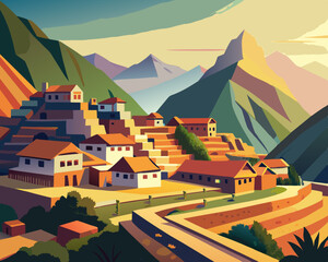 colorful vector illustration of a rustic peruvian village in the andes mountains with terrace land