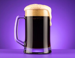 
a jar of dark beer with lots of foam coming out of the glass on a purple background