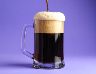 
a jar of dark beer with lots of foam coming out of the glass on a purple background