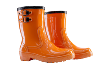Two orange rain boots with black trim