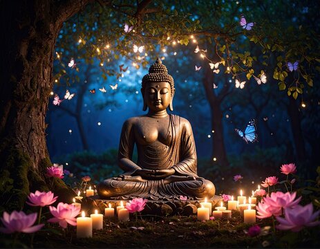 Buddha statue in enchanted forest - Powered by Adobe