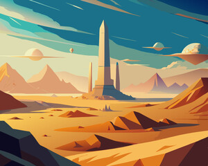 colorful vector illustration of a vast desert with colossal obelisk scenery © Riswan