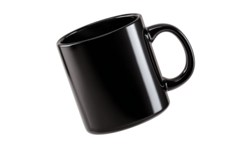 A black coffee mug is shown in mid air, with the handle pointing upwards