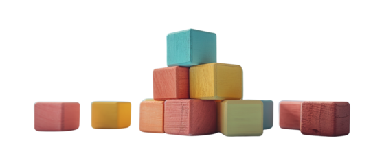 Realistic wooden toy blocks stacked in playful arrangement. Transparent PNG. Soft pastel colors on white background. Perfect for early education, preschool visuals, and playful design themes.
