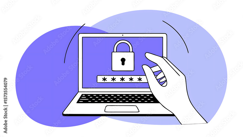 Poster with human hand holding pin code on screen computer laptop locked padlock with password protecting y