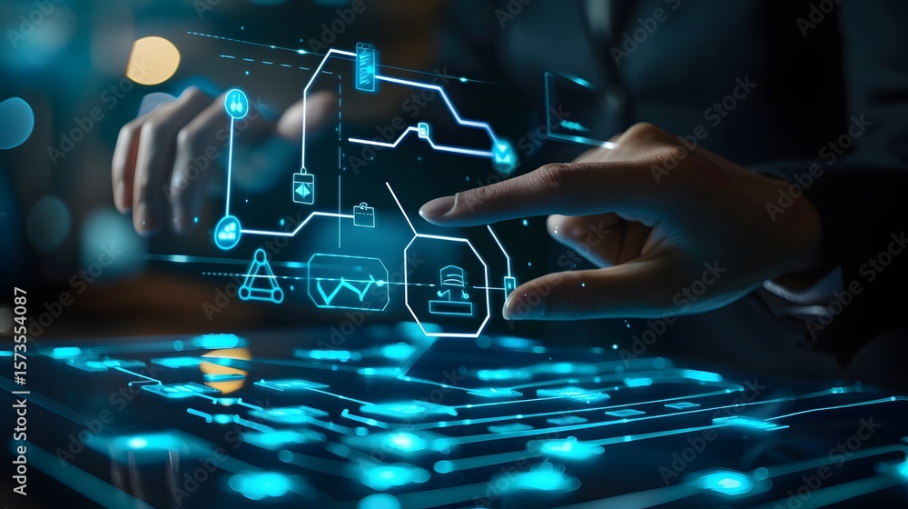 Poster a person interacts with a futuristic holographic interface, touching glowing icons and connected lin