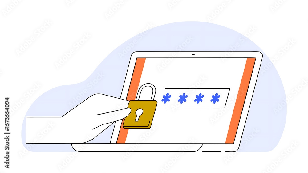Poster with human hand holding pin code on screen computer laptop locked padlock with password protecting y