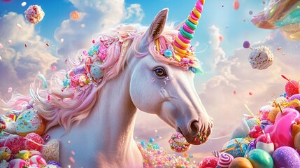 Enchanted Unicorn with Candy Horns Surrounded by Sweets and Confectionery Delights
