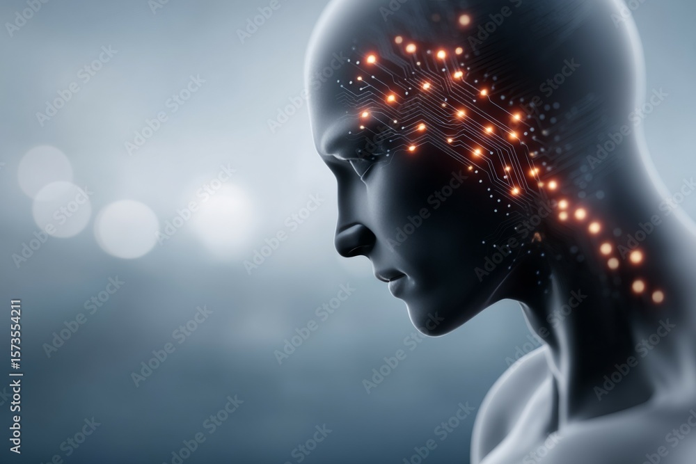 Poster futuristic ai concept with human-like robot and neural circuitry