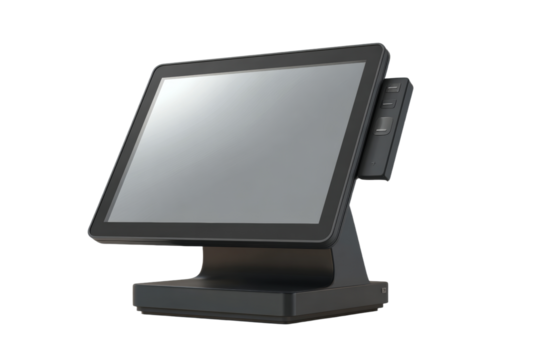 A black electronic device with a screen and a black stand