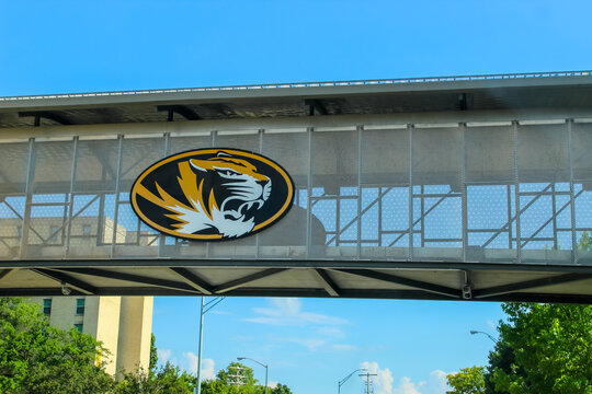 Columbia, Missouri (USA) - July 7, 2025: Looking up at a skybridge on The University of Missouri campus with the logo of the Missouri Tigers prominently displayed. For Editorial Use.