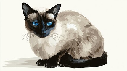 Digital illustration of a seated Siamese cat with distinctive markings and bright blue eyes