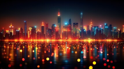 Night city skyline reflection, water, lights, urban, cityscape, vibrant, modern, poster