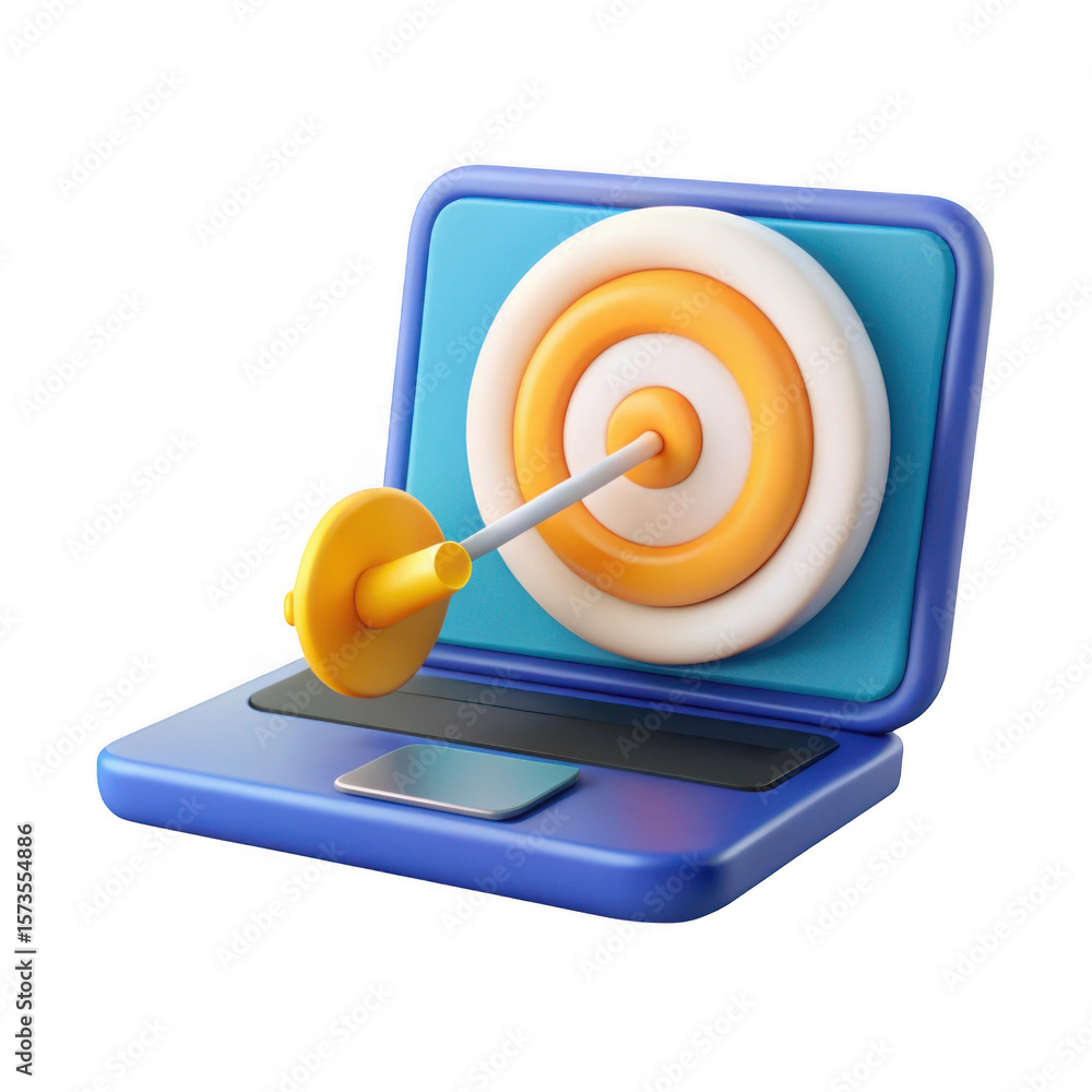 Poster 3d laptop with target and dart aiming for success isolated on transparent background