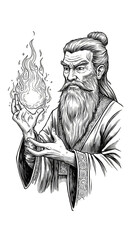 Illustration Of Old Man With Beard Holding Fire Flame Isolated