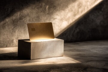 Luxurious gold credit card on concrete block in dramatic lighting